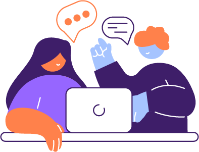 Two people side by side in front of a laptop talking