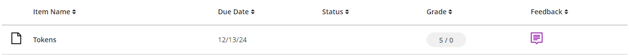 Click to enlarge Student view of HuskyCT course Gradebook tab showing an item named "Tokens." The Tokens item has a grade reported of 5/0 and a Feedback icon.