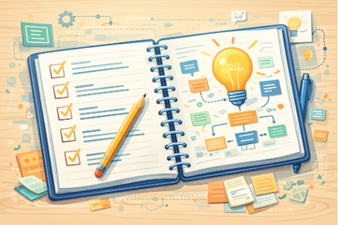 Digital illustration of an open notebook with checklist and lightbulb representing online course design [AI-generated image]
