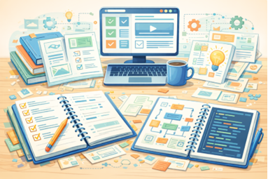 Digital illustration of notebooks, design plans, and a laptop representing online course building