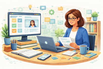 Digital illustration of a professor teaching an online course